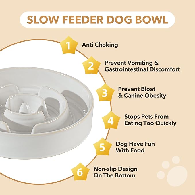 Ceramic Raised Slow Feeder Dog Bowl Set, Elevated 8.2inch Bowl and 9.5inch Dish with Acacia Wood Stand for Large Dog, Stop Bloat(2 x Reactived Glaze -White+ Stand)