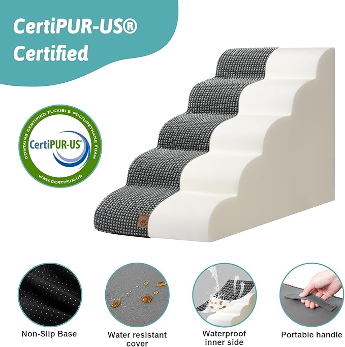 Dog Stairs for High Bed 22.6" H, Small Dog Step for Puppy, Older or Cat, Curved Ramp for Car, Ladder with High Density Foam, Lightweight, Durable, 15.7x33x22.6 inch, 5 Step, Charcoal Grey