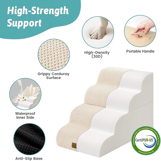 Wide Dog Stairs for Small Dogs 19.7" H, Detached Dog Step for Puppy or Older Cat, Ramp for Bed, Sofa, Couch or Chair, Ladder with High Density Foam, 17.7x28.3x19.7 inch, 4 Step, Beige