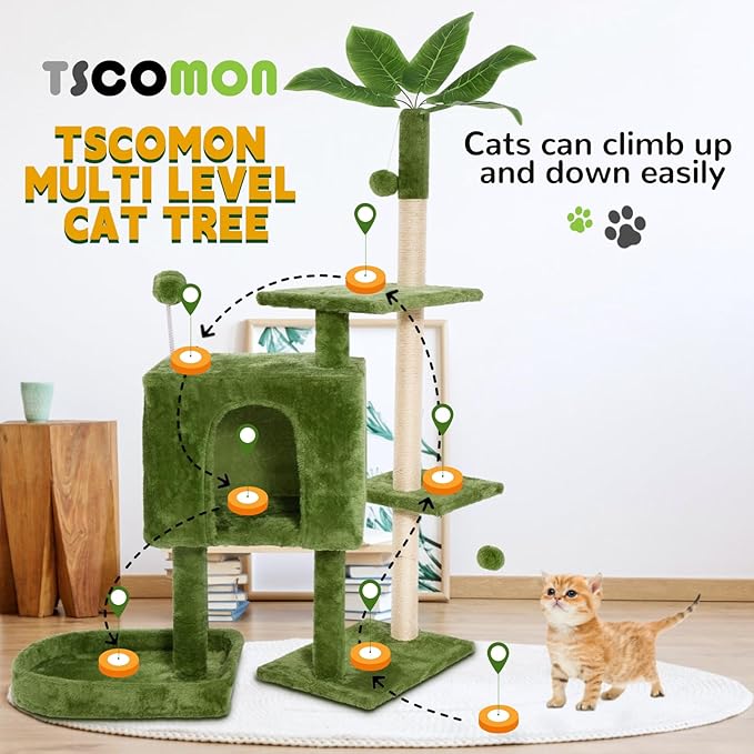 52" Cat Tree Cat Tower for Indoor Cats with Green Leaves, Multi-Level Cozy Plush Cat Condo Cat House Scratching Posts for All Breeds Sizes