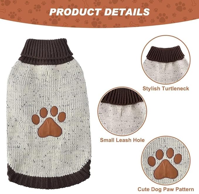BINGPET Turtle Neck Knitted Dog Sweater,Dog Sweaters for Small Medium Large Dogs with Brown Bone Pattern,Puppy Winter Warm Cloth for Cold Weather Thermal Wear