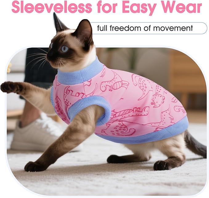 DENTRUN Sleeveless Cat Vest with Dinosaur Print, Breathable Ultra-Soft Dralon Fleece Cat Sweater, All-Season Pet Costume Apparel for Cats, Kitten Clothing for Indoor/Outdoor, Pink, S