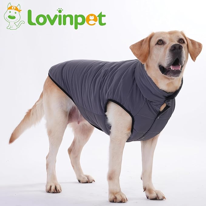 LovinPet Reversible Dog Puffer Coat for Medium & Large Dogs, Down‑Insulated Winter Jacket, Water‑Resistant & Wind‑Resistant, Anti‑Static, Dual-Sided Black & Grey for Cold Weather,XL