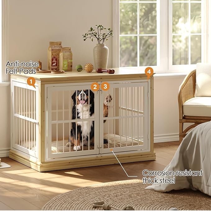 48 in Solid Wood Dog Furniture Crate for Dogs-Large Dog Crate Sideboard and TV Stand, Large, Wood Dog Crate Kennel-(White+Natural)