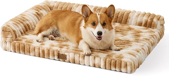 Cute Dog Bed, Faux Fur Orthopedic Foam Dog Bed with Sides, Removable Washable Cover & Waterproof Lining, Comfortable Pet Couch for Medium Dogs, Tie-Dye Brown (36" L x 20" W x 6" Th)