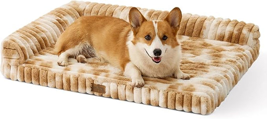 Cute Dog Bed, Faux Fur Orthopedic Foam Dog Bed with Sides, Removable Washable Cover & Waterproof Lining, Comfortable Pet Couch for Medium Dogs, Tie-Dye Brown (36" L x 20" W x 6" Th)