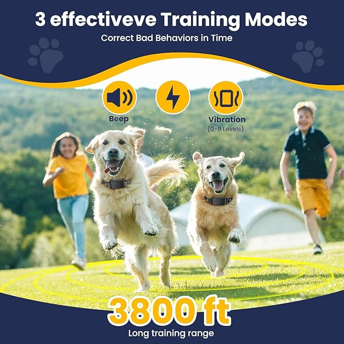 Wireless Dog Fence, Electric Fence for Dogs,Training Collar with Remote Control 3800FT Range, Portable Dog Perimeter Collar with 3 Training Mode Flash Light & Waterproof Matte Black 2 Pack