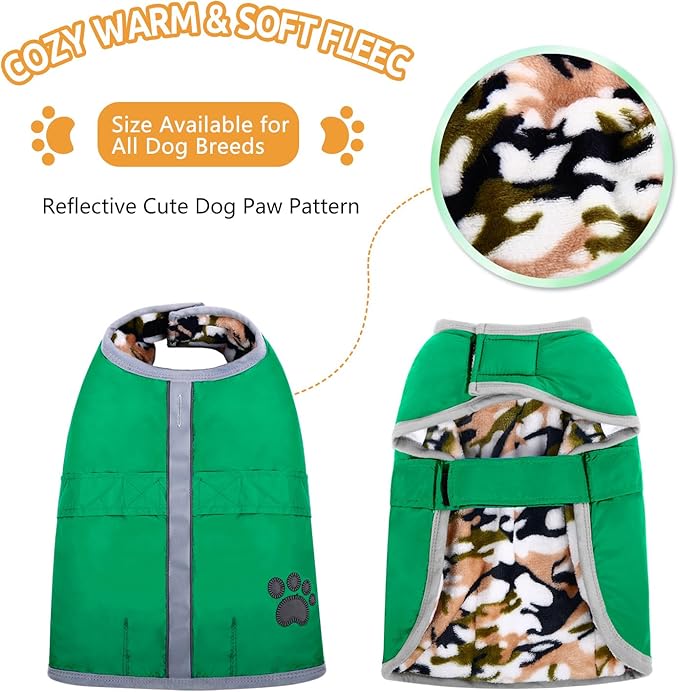 Queenmore Dog Winter Coat, Cold Weather Fleece Jacket for Dogs, Waterproof Reflective Reversible, for Small, Medium and Large Dogs (Green, 2XL)