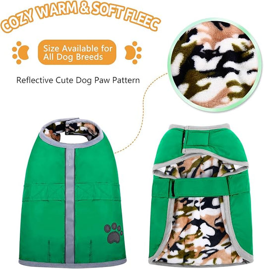 Queenmore Dog Winter Coat, Cold Weather Fleece Jacket for Dogs, Waterproof Reflective Reversible, for Small, Medium and Large Dogs (Green, S)