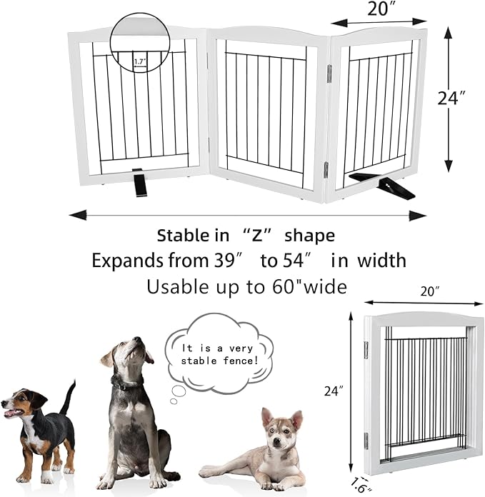ZJSF Freestanding Dog Fence Indoor, Foldable Dog Gate for Doorways, Stairs or Hallways, Sturdy Wood Extra Wide Pet Gate with Support Feet for The House, White, 24 "Height-3 Panels