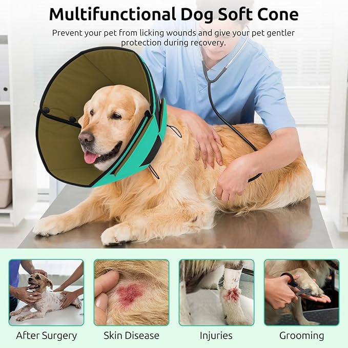Queenmore Dog Cones for Small Dogs, Adjustable Comfy Cone for Dogs, Dog Cone Collar to Prevent Licking Wounds, Adjustable Elizabethan Collar for Pets, Green S