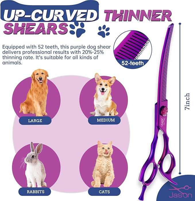 JASON Curved Thinner Dog Scissors - 7” Ergonomic Pet Scissor Purple Curved Thinning Dog Shear 440C Stainless Steel Grooming Shears Professional Pet Shears For Groomer (52-Teeth, Up-curved) Christmas
