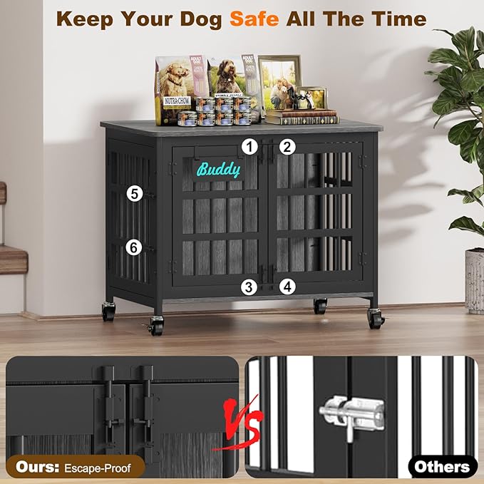 EasyCom 33"/27" Dog Crate Furniture with Name Tag, Heavy Duty Dog Kennel Indoor for Medium and Small Dogs, Double-Doors Sturdy Metal Dog Cage, Decorate House as TV Stand, End Table, Bedside Table