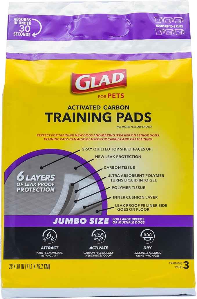 Glad for Pets Extra Large Charcoal Dog Training Pads - Absorbent Disposable Pee Pads for Dogs, Cats & Puppies - Jumbo-Size Potty Pads That Neutralize Urine Instantly - 3 Count Pet Supplies