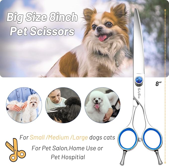 8inch Curved Dog Grooming Scissors Professional, Japanese VG10 Steel Sharp Pet Trimming Shears, with CNC Screw & Ergonomic Handle, 30 Degree Bend Cat Dog Scissors for Grooming Face and Paws Groomers