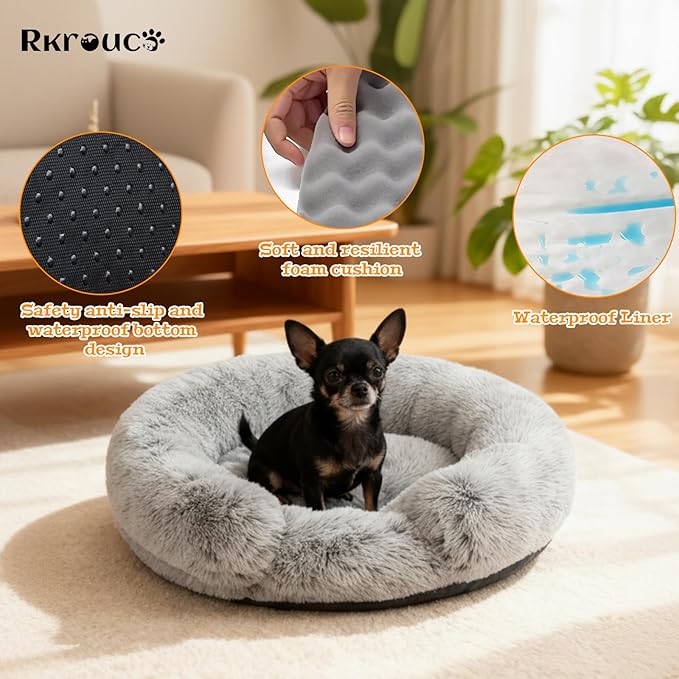Fluffy Dog Bed Calming Donut Beds for Large Dogs Warming Round Small Medium Pet Nest Cozy Cat Mattress Indoor Washable Puppy Kennel Kittens Sleep Mat (S, 23.6×23.6 inch, Gradient Gray)