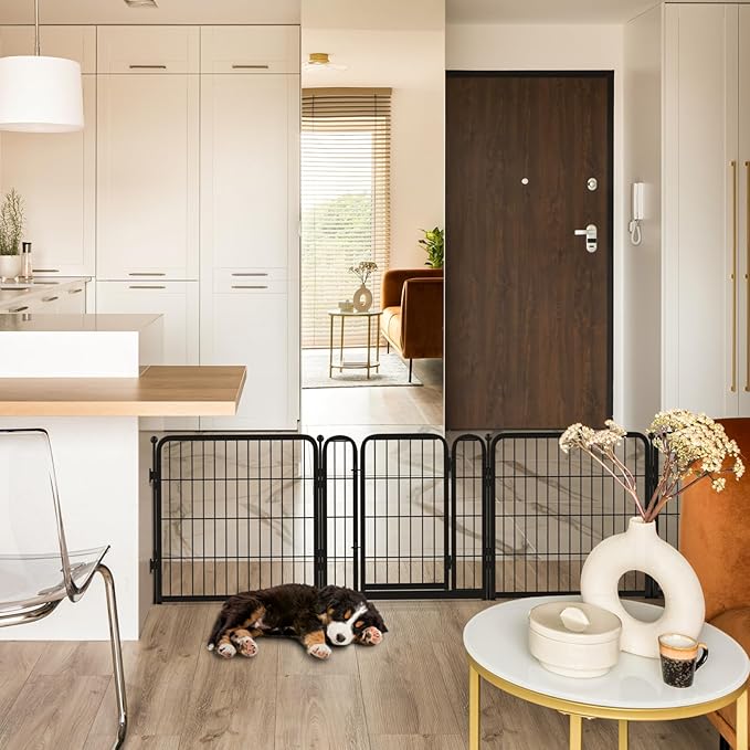 FXW Dog Gate Extra Wide Designed for Indoor Use, Adjustable Width Up to 92-inch Wide (24" H 4 Wire Panels for Puppies and Small Dogs), Black