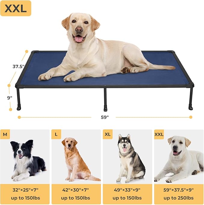Veehoo Chewproof Elevated Dog Bed - Cooling Raised Pet Cot, Breathable Mesh, Washable & Non-Slip for Large Dogs, Indoor/Outdoor, Blue Mat and Black Frame, 59x37inches (Model CWC2203A03)