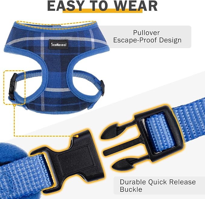 SCENEREAL Puppy Dog Harness with Leash Set for Small Medium Sized Dogs, Soft Mesh Step in Pet Harnesses and Leash, No Chock Plaid Adjustable No Pull Vest for Dogs Cats, Chihuahua,Bulldog (Blue M)