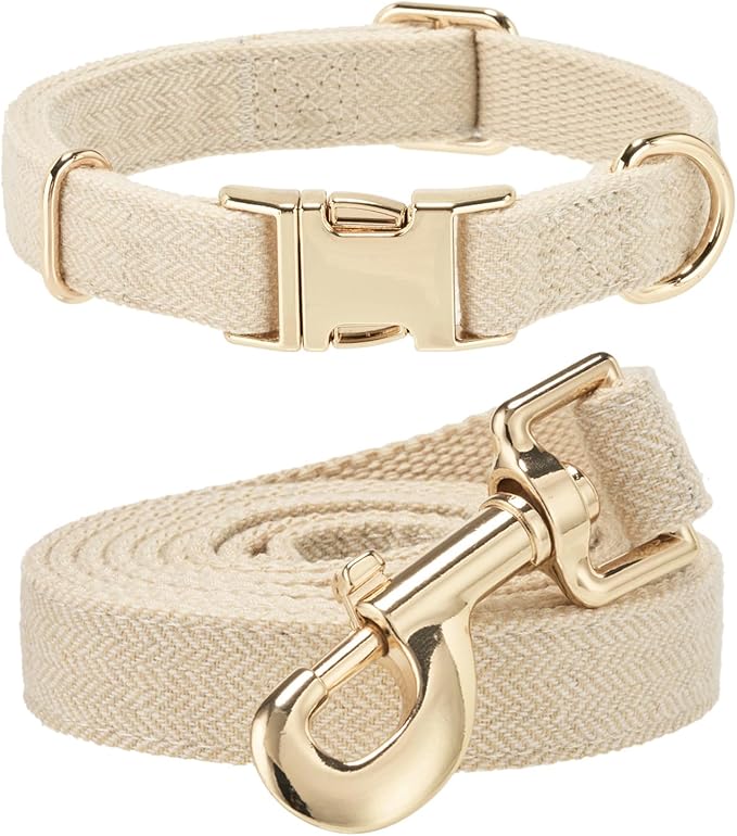 Soft Hemp Dog Collar and Leash Set Adjustable Woven Tweed Dog Collars with Metal Buckle and Lead for Small Medium Large Dogs,Beige