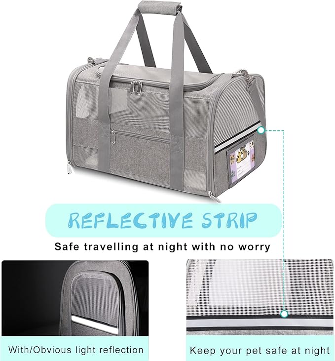 Soft Sided Cat Carrier for Small Cats Puppies up to 15 Lbs, Airline Approved Pet Carrier Collapsible Travel Puppy Carrier with Reflective Strip, Grey