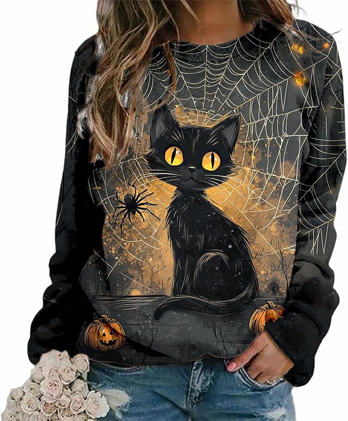 MARSVOVO Fall Sweatshirt for Women Novelty Spider Web Shirt Dressy Casual Crewneck Tunic Tops Spring Graphic Pullover