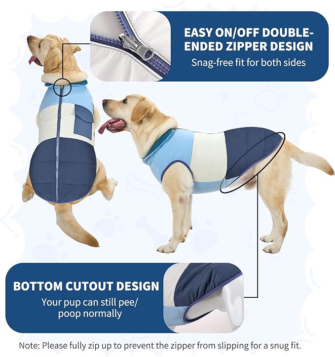 Reversible Dog Winter Coat, Waterproof Warm Fleece Sweater Windproof Lightweight Pet Snow Jacket for Medium Large Dogs with Double Ended Zipper, Cold Weather Dog Coat,Blue,XL