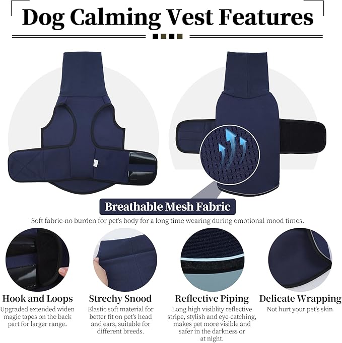 ROZKITCH Breathable Dog Calming Jacket, Anti-Anxiety Pet Vest for Storms, Fireworks, Travel & Separation, Adjustable Comfort Wrap NavyBlue XS