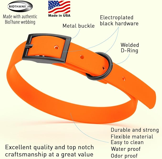 Dogline Biothane Coated Webbing Dog Collar with Black Metal Hardware: Durable Easy-Clean Everyday Collar for Dogs - Comfortable Adjustable Odor-Resistant Pet Collar, W5/8" x L12-15, Hunter Orange