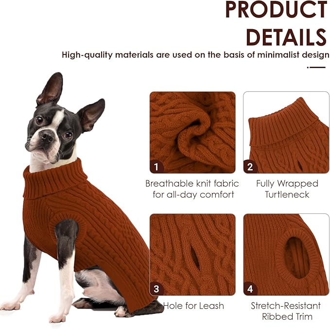 AOFITEE Large Dog Sweater, Turtleneck XXL Dog Sweater for Fall, Stretchy Knitwear Christmas Dogs Sweaters, Knitted Pullover with Harness Hole for Pitbull, Golden Retriever, Labrador Brickred 2XL