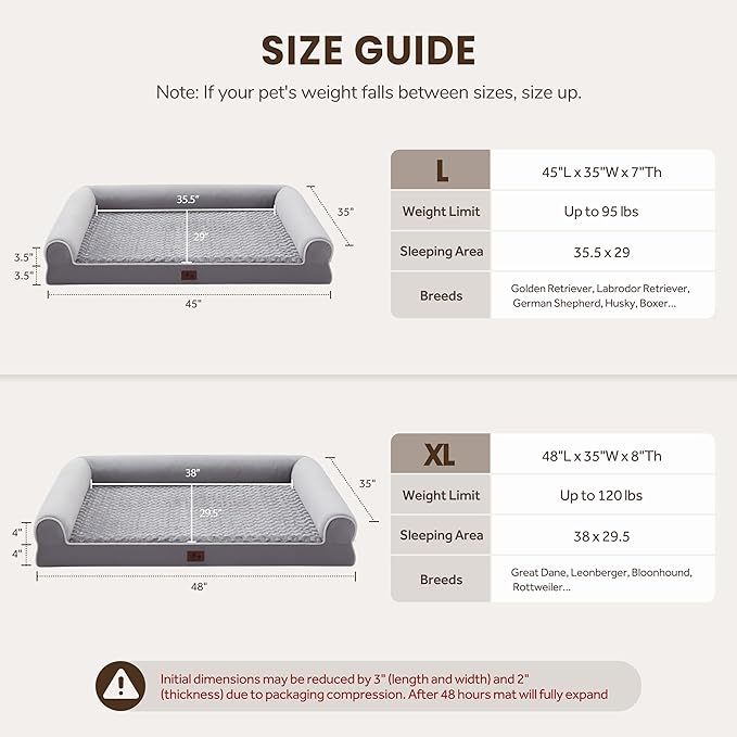 Large Dog Beds Large Sized Dogs, Orthopedic XXL XL Dog Bed for Medium Size Dogs, Big Waterproof Couch Sofa with Removable Washable Cover for Pet, Light Grey, 48"*35"*8"
