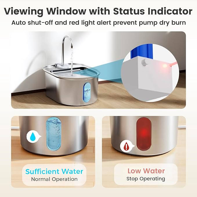 Cat Water Fountain Stainless Steel, 108oz/3.2L Quiet Automatic Cat Fountain for Drinking, Safe Auto Shut-Off, Large Oval Pet Water Dispenser for Dogs Indoor with 1 Replacement Filter