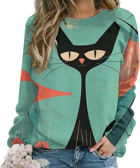 Biacolum Long Sleeve Shirts for Women Mid Century Retro Style Atomic Cat 3D Graphic Sweatshirts Fall Crewneck Pullover Top
