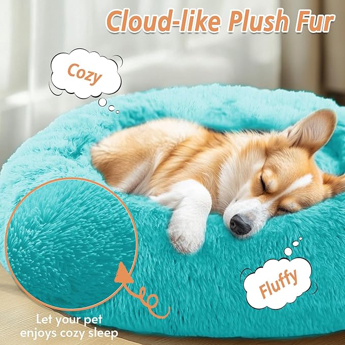JOLLYVOGUE Small Dog & Cat Beds for Indoor Cats, Donut Cuddler Warming Soft Dog Beds with Anti-Slip Bottom, Round Calming Fluffy Plush Faux Fur Cushion Bed for Medium Dogs (31", Aqua Blue)