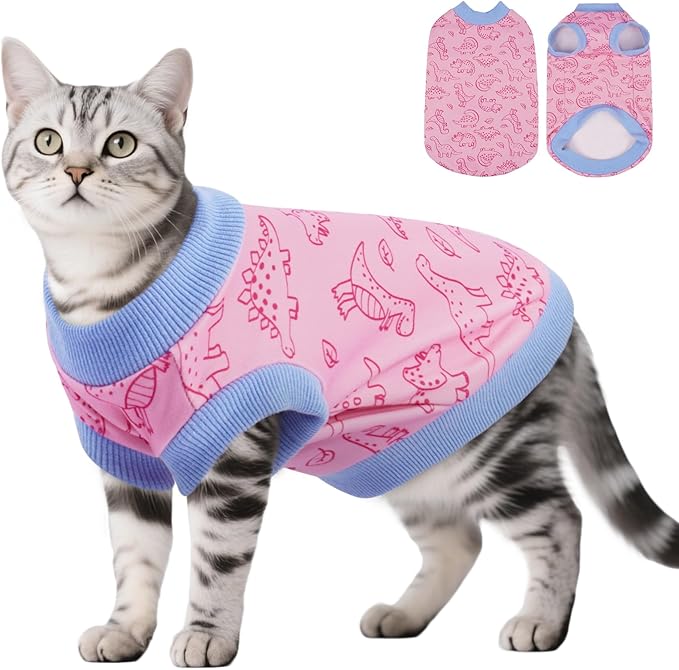 DENTRUN Sleeveless Cat Vest with Dinosaur Print, Breathable Ultra-Soft Dralon Fleece Cat Sweater, All-Season Pet Costume Apparel for Cats, Kitten Clothing for Indoor/Outdoor, Pink, XL