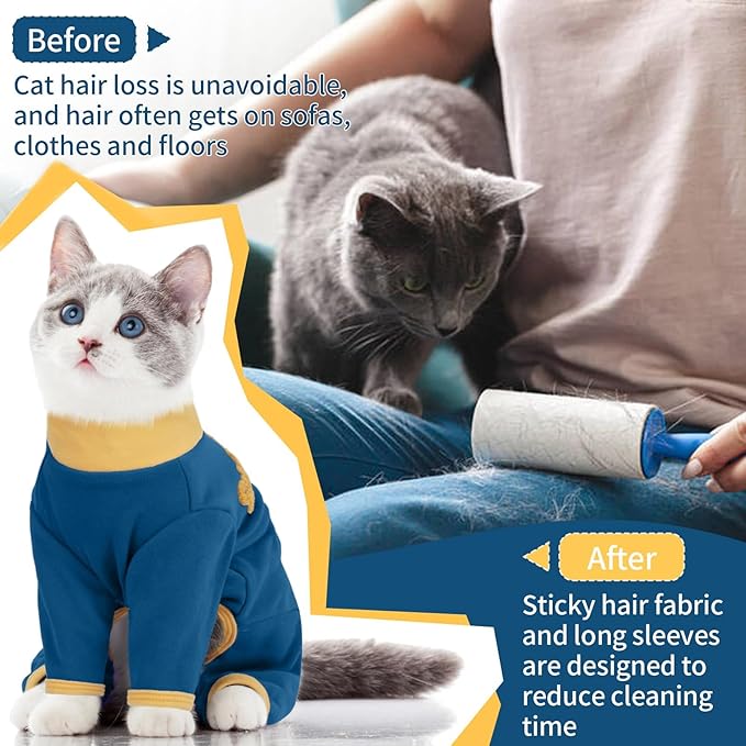 T'CHAQUE Sticky Hair Cat Onesie Pajamas, Soft Long Sleeve Cat Clothes, Anti-Shedding, Surgery Recovery Suit, Wound Protection & Preventing Licking, Kitten Sweaters for Male & Female-M