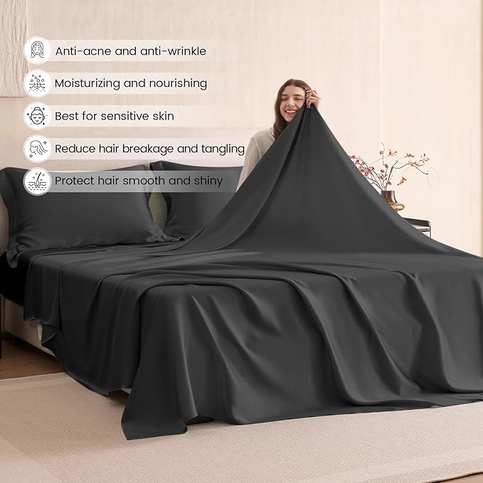 THXSILK Silk Sheet Set 4Pcs, 6A+ Top Grade 100% Natural Mulberry Silk Bed Sheets, Luxury Bedding Sets Ultra Soft Durable, 1 Fitted Sheet, 1 Flat Sheet and 2 Pillow Shams (Cal. King, Black)
