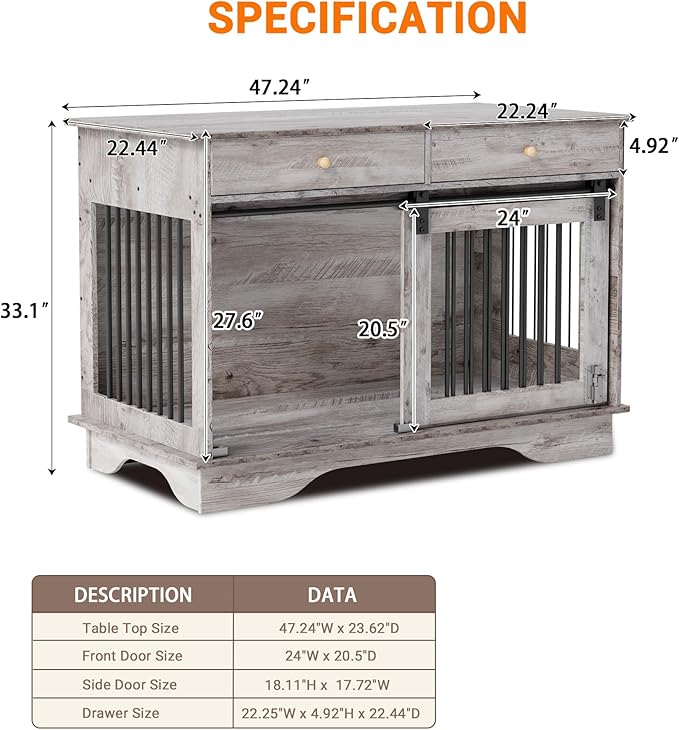 47" Dog Furniture Crate, Large Furniture Style Dog Crate for Large/Medium/Small Dogs (Retro Grey, One Cage)