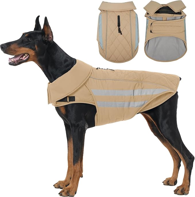 IECOii Dog Fleece Jacket - Reflective Cold Weather Coats Waterproof, Adjustable Large Dogs Winter Coat for Snow Rain Warmth, Outdoor Hunting Snowsuit for German & Shepherd, Khaki, Sizes 2XL