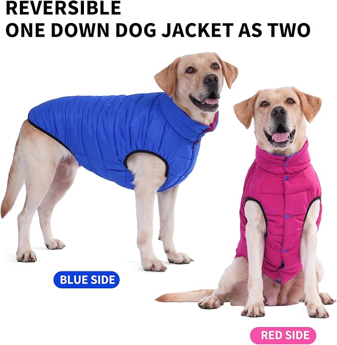 LovinPet Reversible Dog Puffer Coat for Medium & Large Dogs, Down‑Insulated Winter Jacket, Water‑Resistant & Wind‑Resistant, Anti‑Static, Dual-Sided Blue & Red for Cold Weather, L