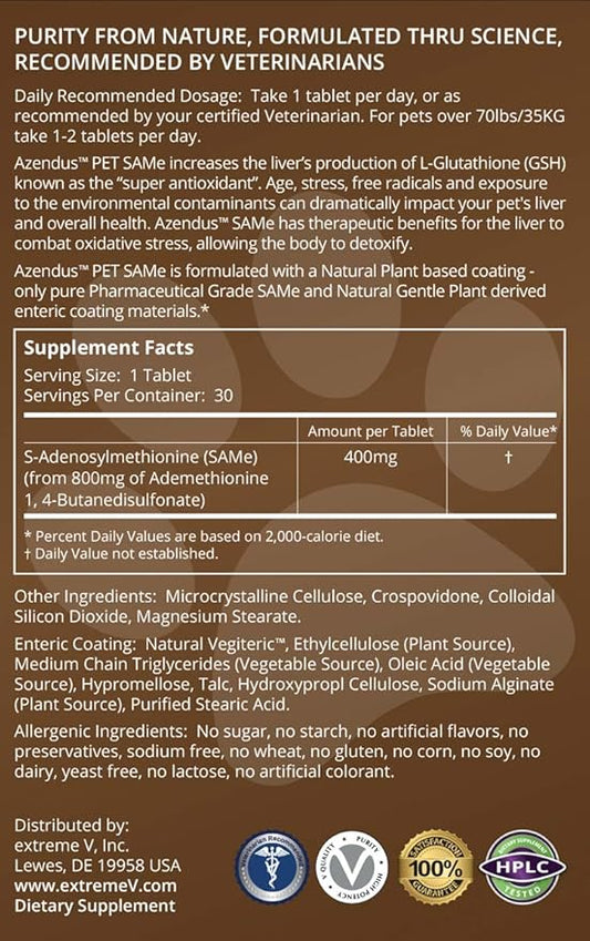 Azendus Natural Pet SAM-e 400mg, 30 Count, Same Butanedisulfonate Fiber Enteric Coated Tablets.
