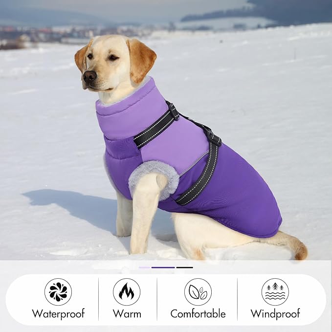 Dog Jacket with Harness, Warm & Waterproof, Fleece Lined Puffer Jacket for Large Dogs, Winter Snow Coat