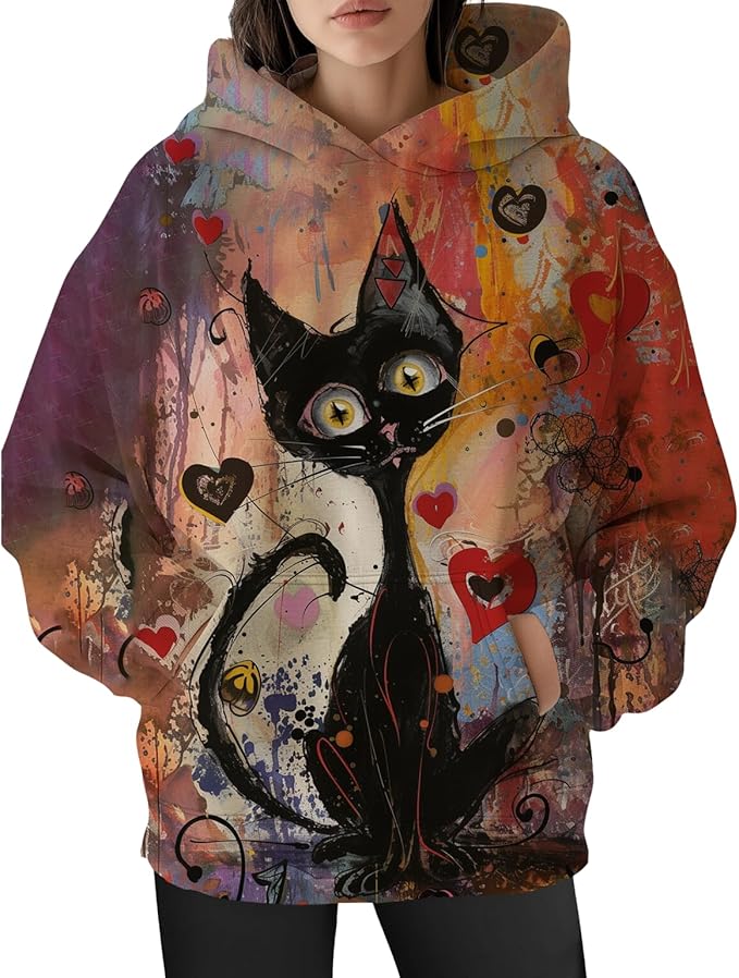 Womens Cat Print Hoodies Trendy Funny Cat Graphic Long Sleeve Sweatshirt Y2k Streetwear Hooded Pullover Tops