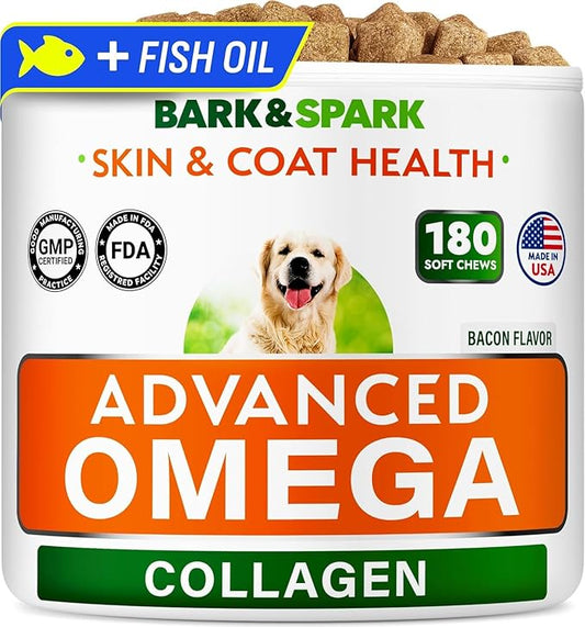BARK&SPARK Advanced Omega-3 Collagen for Dogs - 180 Salmon & Fish Oil Treats for Dog Shedding, Skin Allergy Chews, Itch Relief, Hot Spots Treatment - Joints, Skin & Coat Supplement,EPA&DHA Fatty Acids