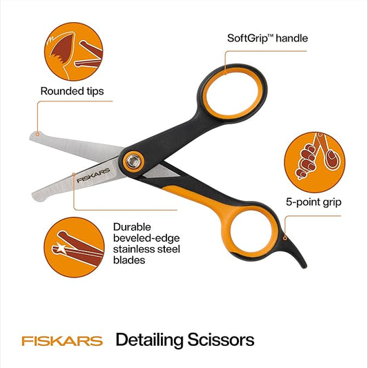 Fiskars Pet Detailing Scissors, Dog & Cat Grooming Scissors, Rounded Tips & SoftGrip Handle for Delicate Areas, 5.5”, Orange/Black