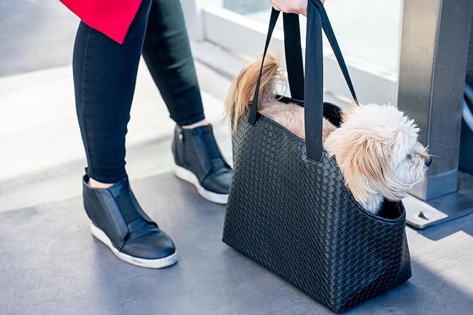 Faux Leather Dog Carrier for Small Dogs, Water-Resistant Designer Dog Purse with Safety Harness, Fashion Pet Carrier for Dogs 5-15 lbs, Luxury Dog Shoulder Carrier, Woven Black