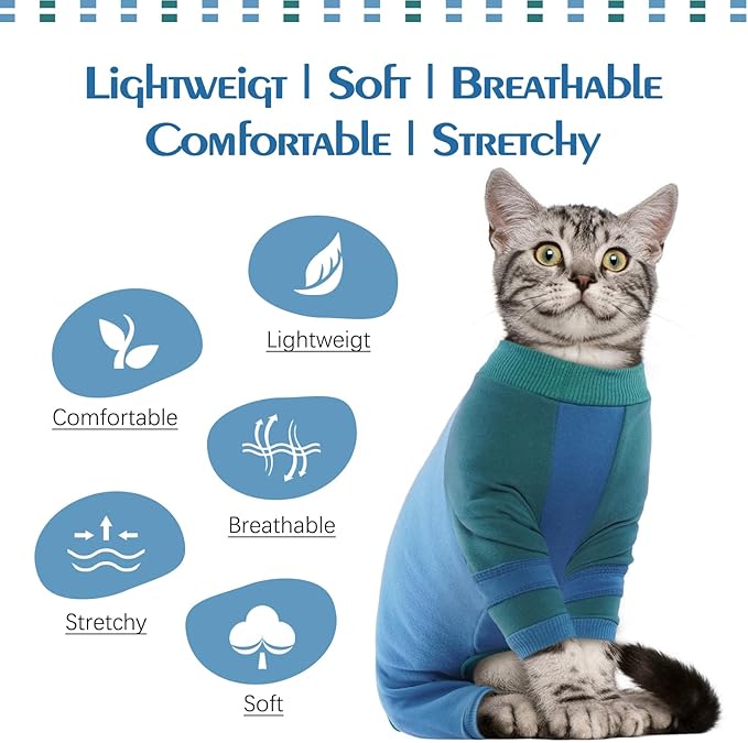Sticky Hair Cat Clothes, Prevent Hair Loss Cats Pajamas, Turtleneck Cat Sweaters for Cats Only, Kitten Onesie Shirts Apparel Jumpsuit, Recovery Suit After Surgery, Blue S