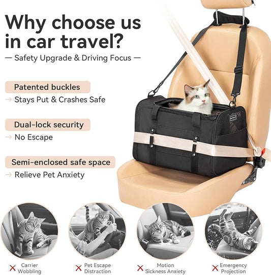 PETSFIT Cat Car Carrier for Small/Medium Cats Dogs, 18"x11"x11" Airline Approved Cat Carrier, with Patent Safety Buckles and Escape-Proof Zipper - Safeguarding Car Travel, Airplane, Vet, Outdoor