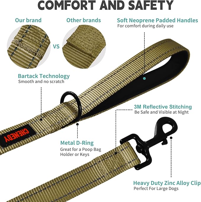 Heavy Duty Double Handle Dog Leash - Reflective Training Lead, Perfect for Medium to Large Dogs (5FT, Deep Green)