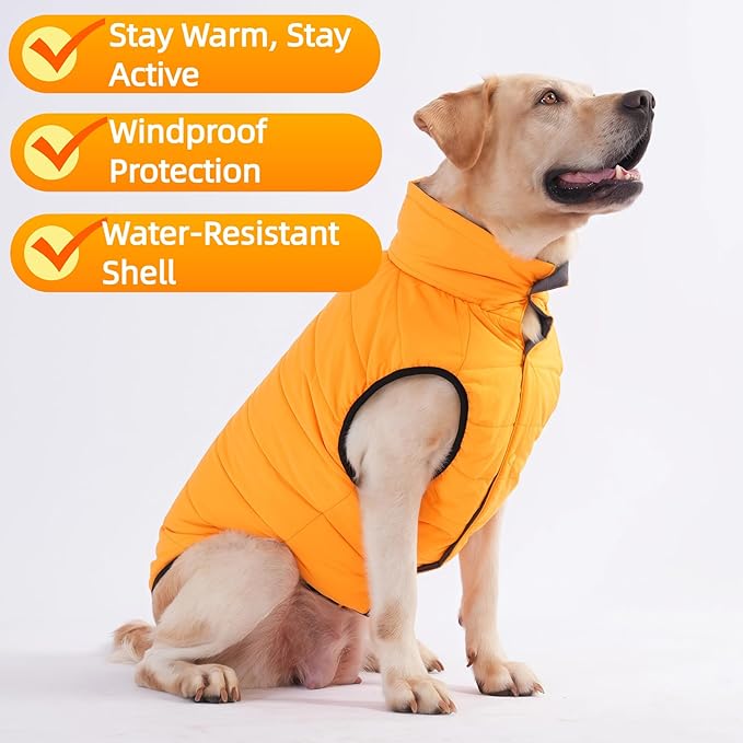 LovinPet Reversible Dog Puffer Coat for Medium & Large Dogs, Down‑Insulated Winter Jacket, Water‑Resistant & Wind‑Resistant, Anti‑Static, Dual-Sided Orange & Grey for Cold Weather,XL
